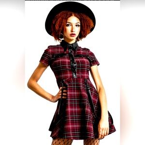 Killstar Menace Collar Dress Blood Tartan 4XL New